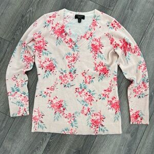 Charter Club Luxury 100% Cashmere V-Neck Sweater Medium Floral Pink
